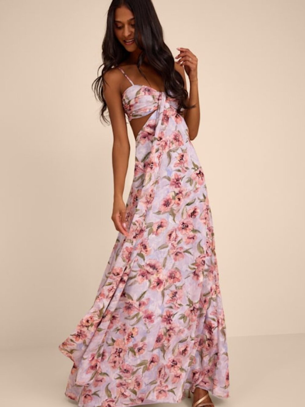 Lulus Heidi Lavender Floral Cutout Maxi Dress Purple - Size XS NEW with tags